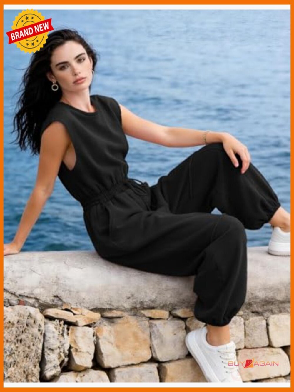 Casual Cap Sleeve Drawstring Jumpsuit Romper with Pockets - Picture 6 of 7